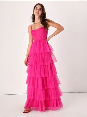 Lulus Rule the Runway Hot Pink Tulle Bustier Tiered Maxi Dress Sz L NEW